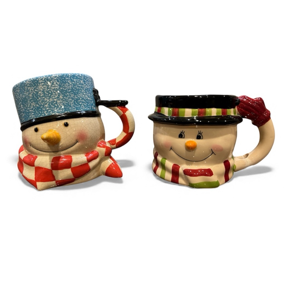 2 Vintage Hallmark Mitford Snowman Mugs Jan Karon  3D Christmas Coffee Tea Mugs